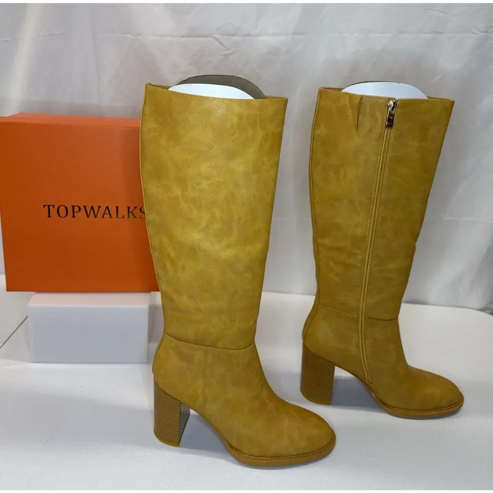 TopWalks Women's Knee High Boots Chunky Block Heel Banana-Yellow Size 6.5